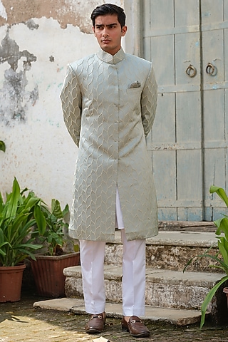 Mint Textured Fabric Embroidered Sherwani Set by Anuj and Rishina