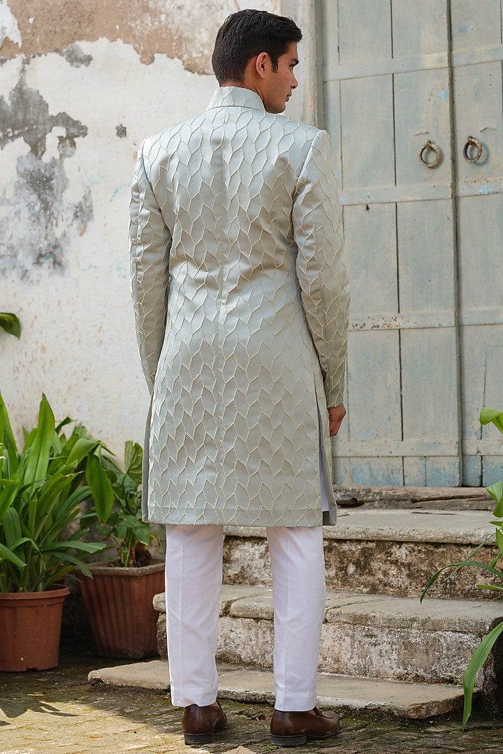 Mint Textured Fabric Embroidered Wedding Sherwani Set by Anuj and Rishina at Pernia's Pop Up Shop