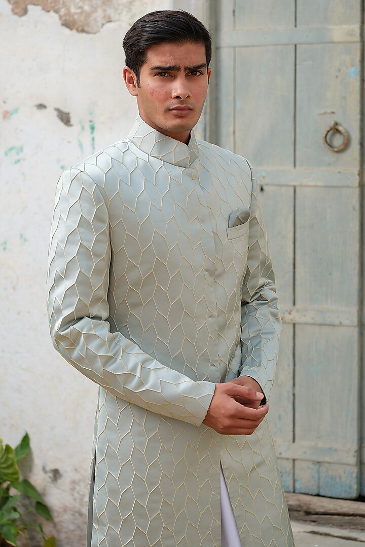 Mint Textured Fabric Embroidered Wedding Sherwani Set by Anuj and Rishina at Pernia's Pop Up Shop