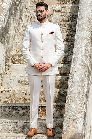 White Suiting Jodhpuri Jacket Set by Anuj and Rishina