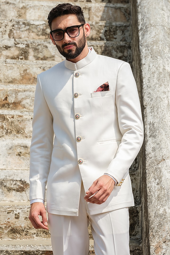 White Suiting Jodhpuri Jacket Set by Anuj and Rishina at Pernia's Pop Up Shop