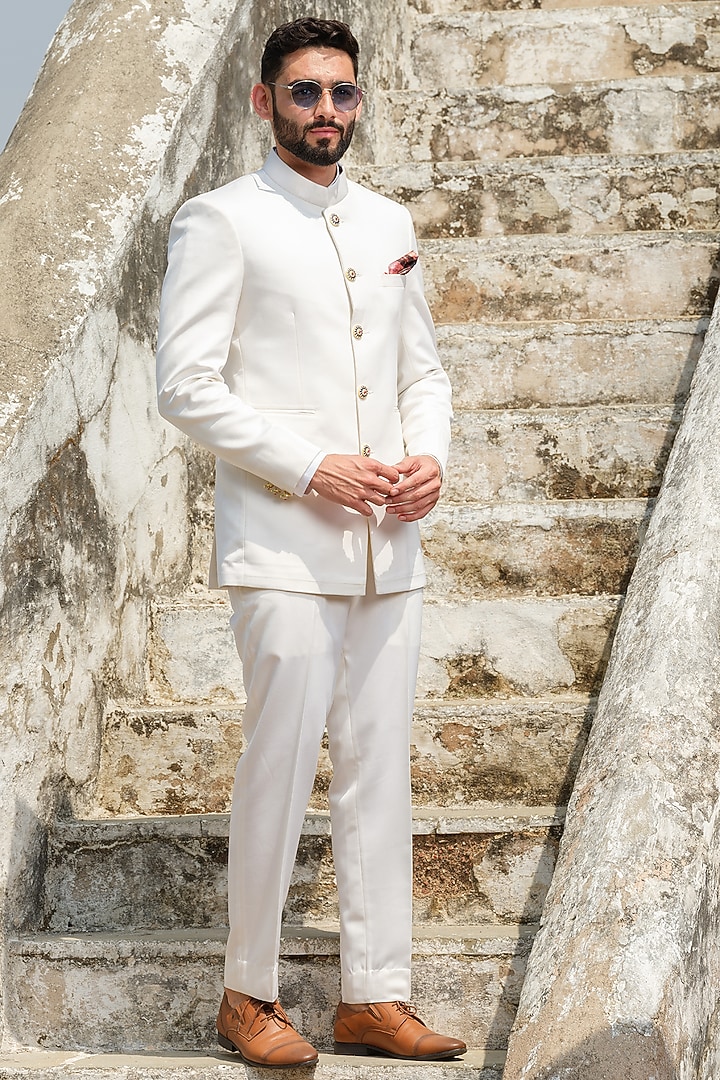White Suiting Jodhpuri Jacket Set by Anuj and Rishina at Pernia's Pop Up Shop