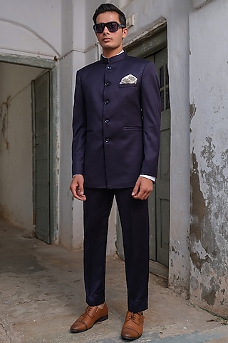Navy Blue Suiting Jodhpuri Jacket Set by Anuj and Rishina