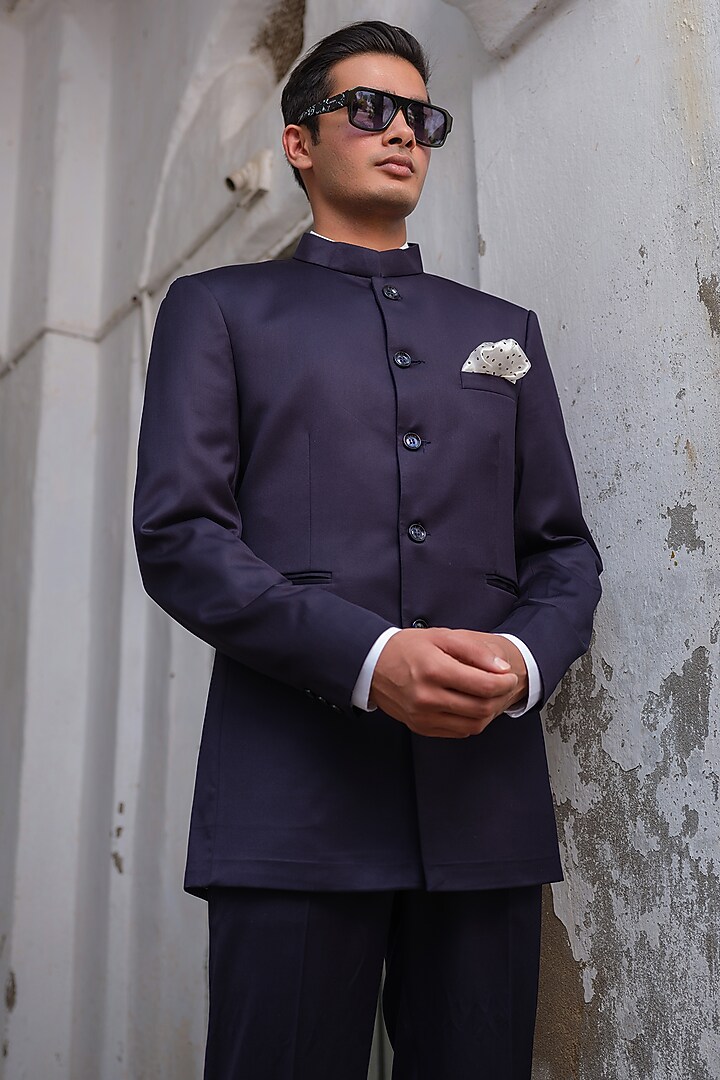 Navy Blue Suiting Jodhpuri Jacket Set by Anuj and Rishina at Pernia's Pop Up Shop