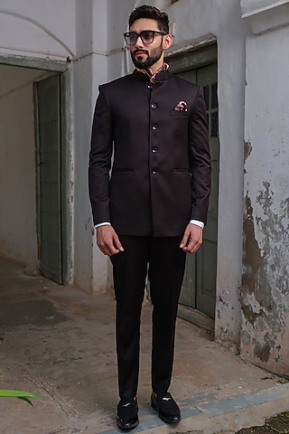 Black Suiting Jodhpuri Jacket Set by Anuj and Rishina