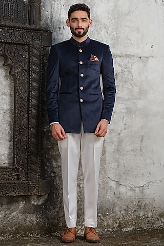 Navy Blue Suede Jodhpuri Jacket Set by Anuj and Rishina