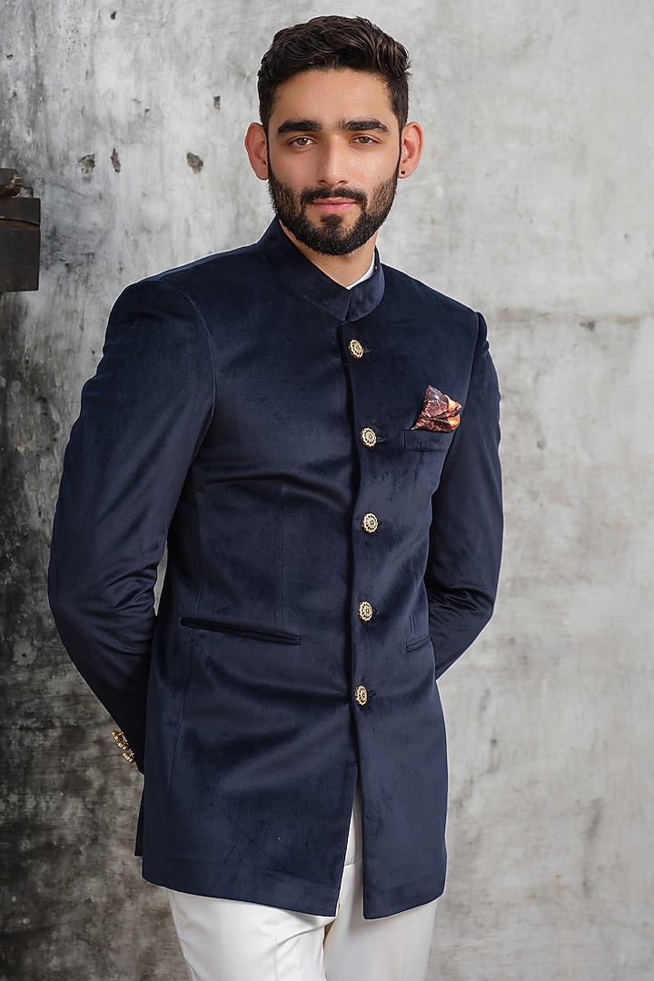 Navy Blue Suede Jodhpuri Jacket Set by Anuj and Rishina at Pernia's Pop Up Shop