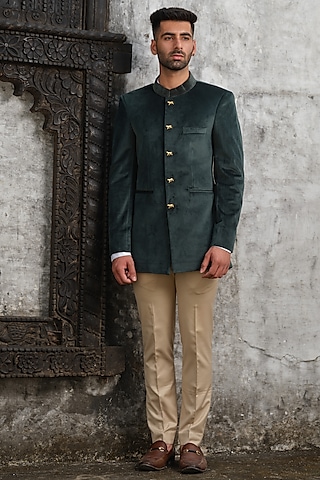 Green Suede Jodhpuri Jacket Set by Anuj and Rishina