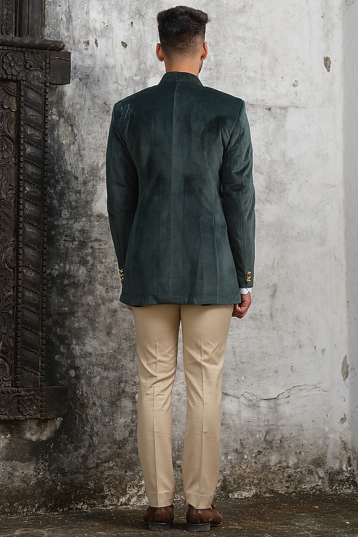 Green Suede Jodhpuri Jacket Set by Anuj and Rishina at Pernia's Pop Up Shop