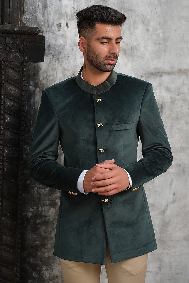 Green Suede Jodhpuri Jacket Set by Anuj and Rishina at Pernia's Pop Up Shop
