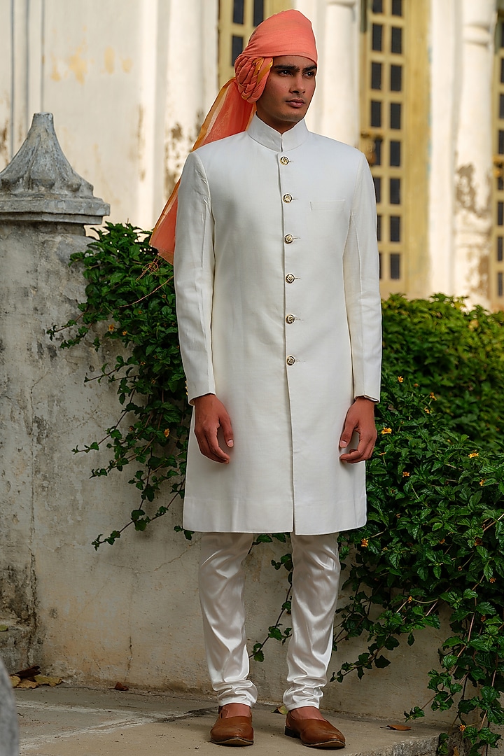 Off-White Suiting Sherwani Set by Anuj and Rishina