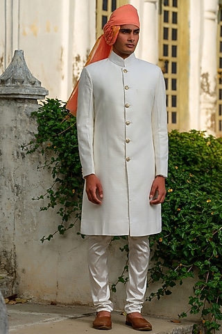 Off-White Suiting Sherwani Set by Anuj and Rishina