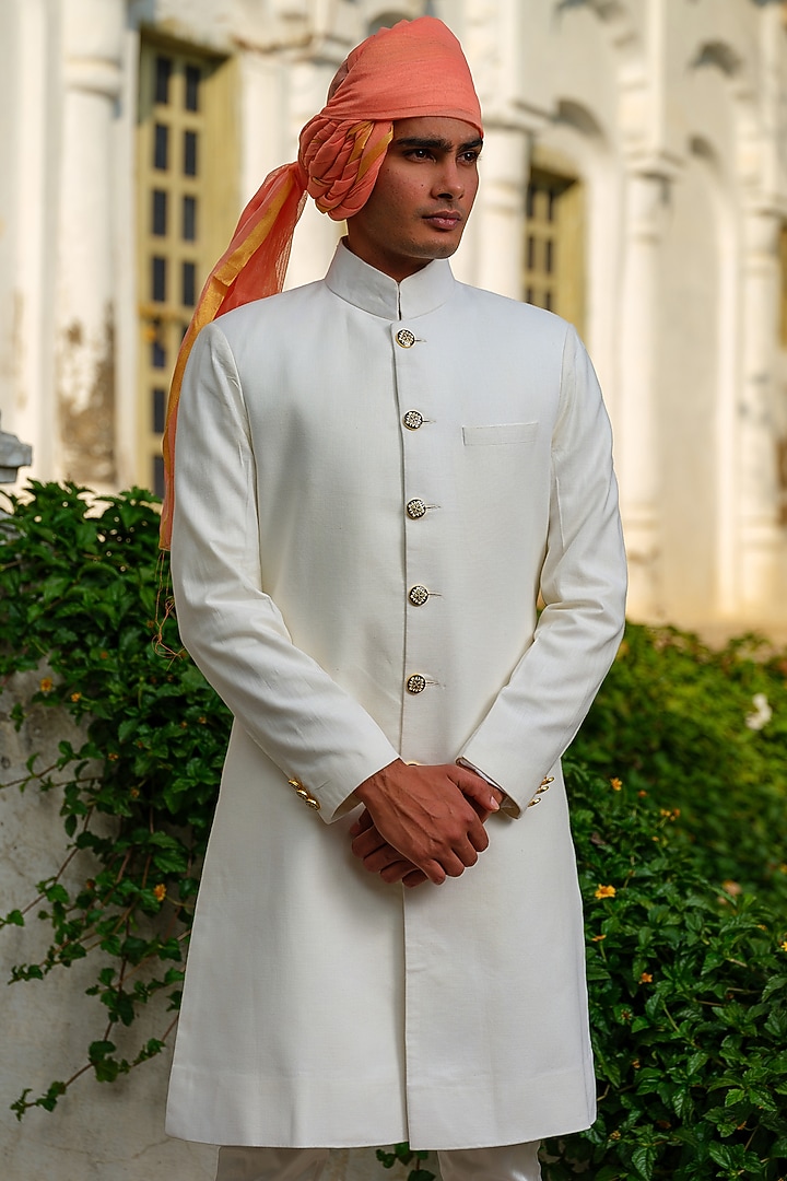 Off-White Suiting Wedding Sherwani Set by Anuj and Rishina at Pernia's Pop Up Shop