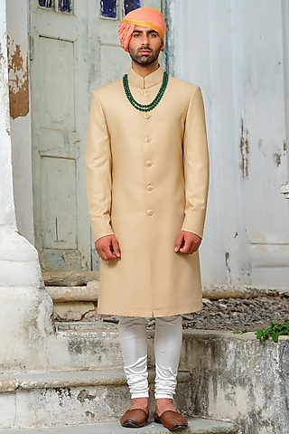Cream Suiting Sherwani Set by Anuj and Rishina