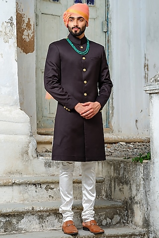 Black Suiting Sherwani Set by Anuj and Rishina