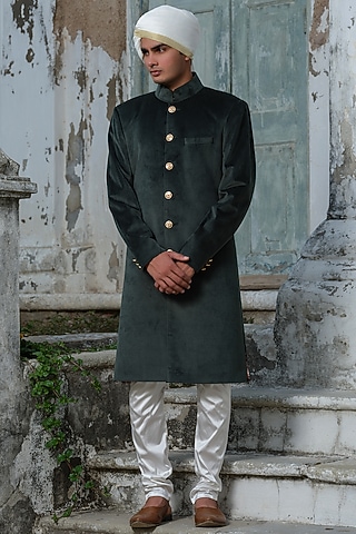 Green Suede Sherwani Set by Anuj and Rishina
