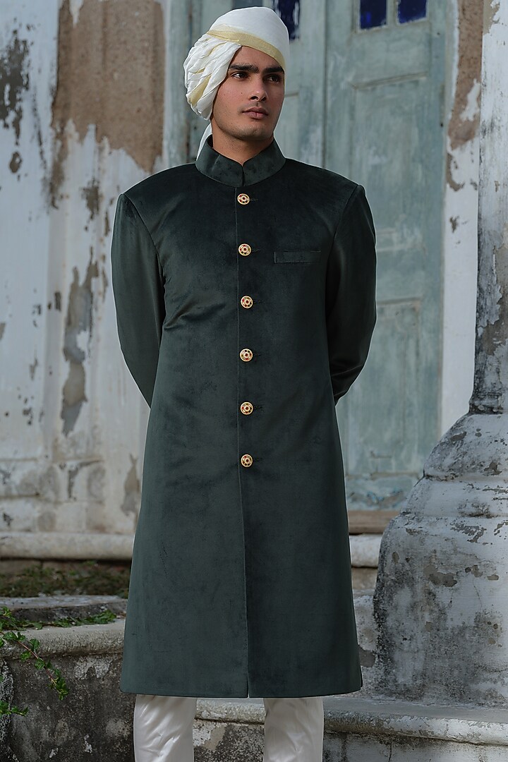 Green Suede Wedding Sherwani Set by Anuj and Rishina at Pernia's Pop Up Shop