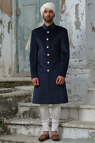 Blue Suede Sherwani Set by Anuj and Rishina