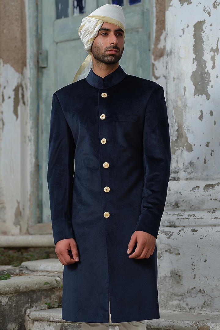 Blue Suede Wedding Sherwani Set by Anuj and Rishina at Pernia's Pop Up Shop