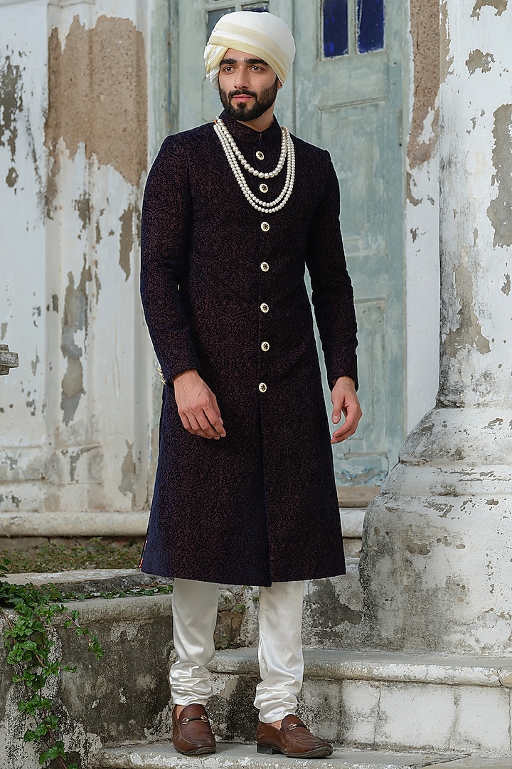 Blue Textured velvet Wedding Sherwani Set by Anuj and Rishina at Pernia's Pop Up Shop