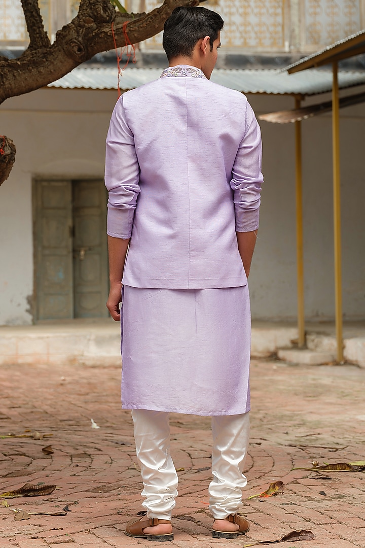 Lilac Silk Embroidered Nehru Jacket Set by Anuj and Rishina at Pernia's Pop Up Shop