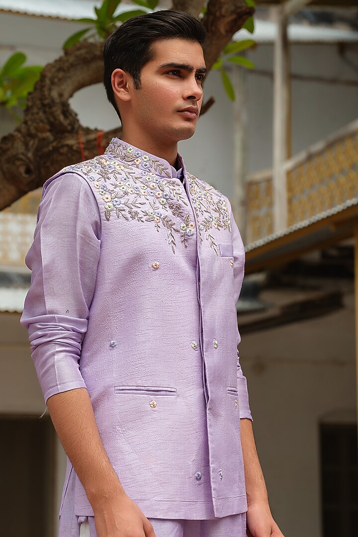 Lilac Silk Embroidered Nehru Jacket Set by Anuj and Rishina at Pernia's Pop Up Shop