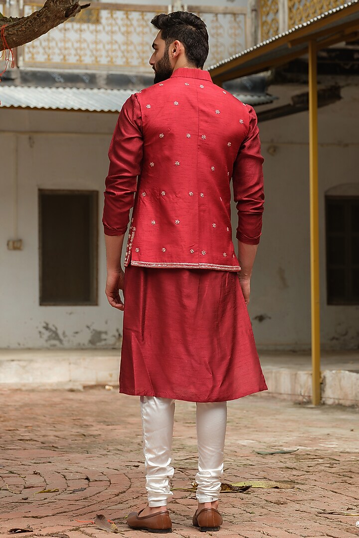 Maroon Silk Embroidered Nehru Jacket Set by Anuj and Rishina at Pernia's Pop Up Shop