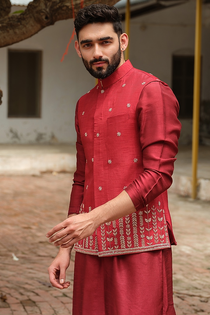 Maroon Silk Embroidered Nehru Jacket Set by Anuj and Rishina at Pernia's Pop Up Shop