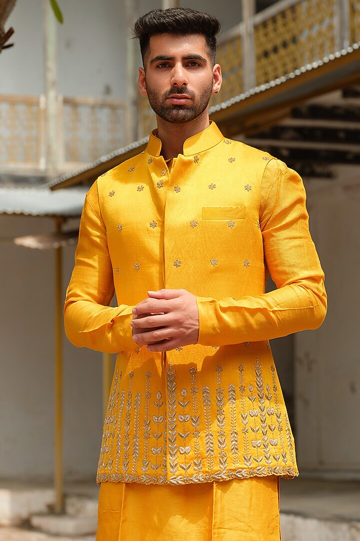 Mustard Silk Embroidered Nehru Jacket Set by Anuj and Rishina at Pernia's Pop Up Shop