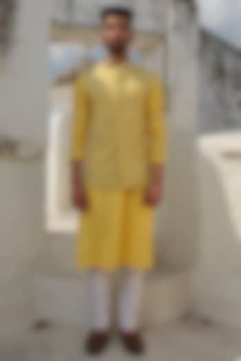 Yellow Jacquard Embroidered Nehru Jacket Set by Anuj and Rishina