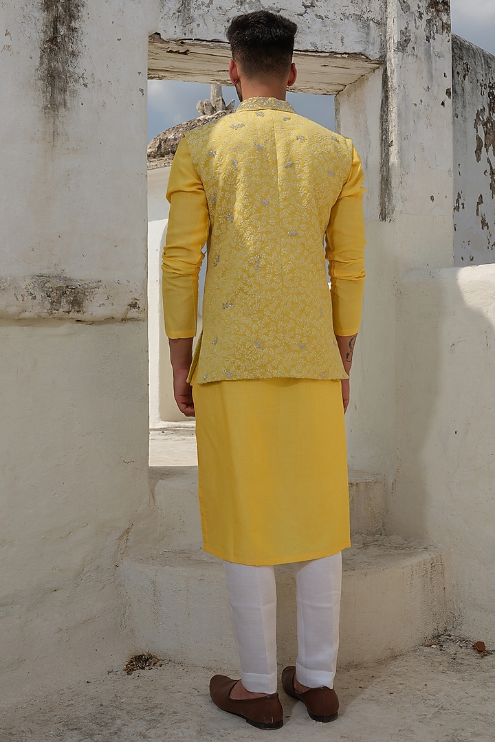 Yellow Jacquard Embroidered Nehru Jacket Set by Anuj and Rishina at Pernia's Pop Up Shop