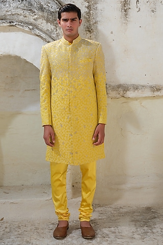 Yellow Jacquard Hand Embroidered Sherwani Set by Anuj and Rishina