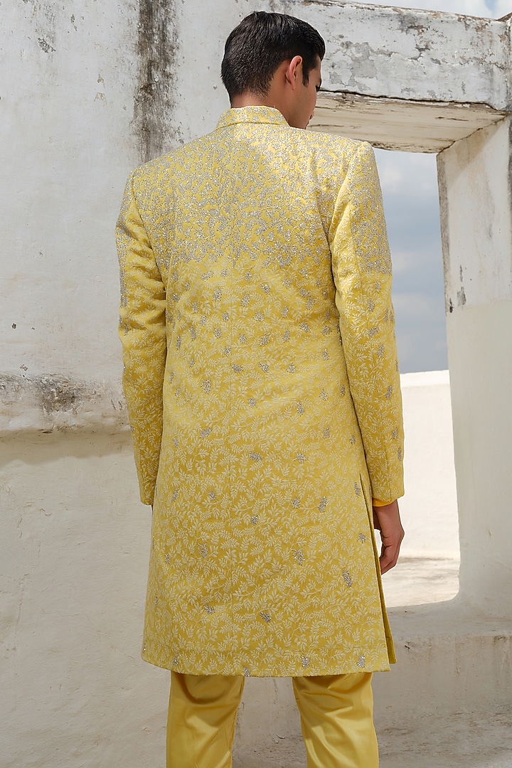 Yellow Jacquard Hand Embroidered Wedding Sherwani Set by Anuj and Rishina at Pernia's Pop Up Shop