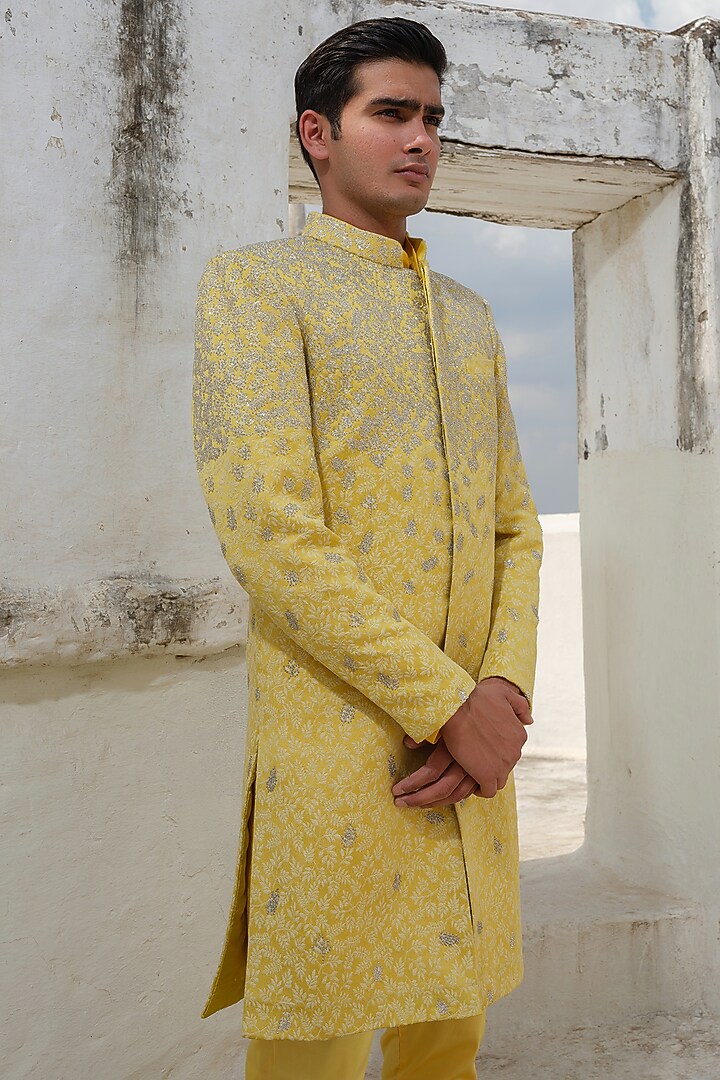 Yellow Jacquard Hand Embroidered Wedding Sherwani Set by Anuj and Rishina at Pernia's Pop Up Shop