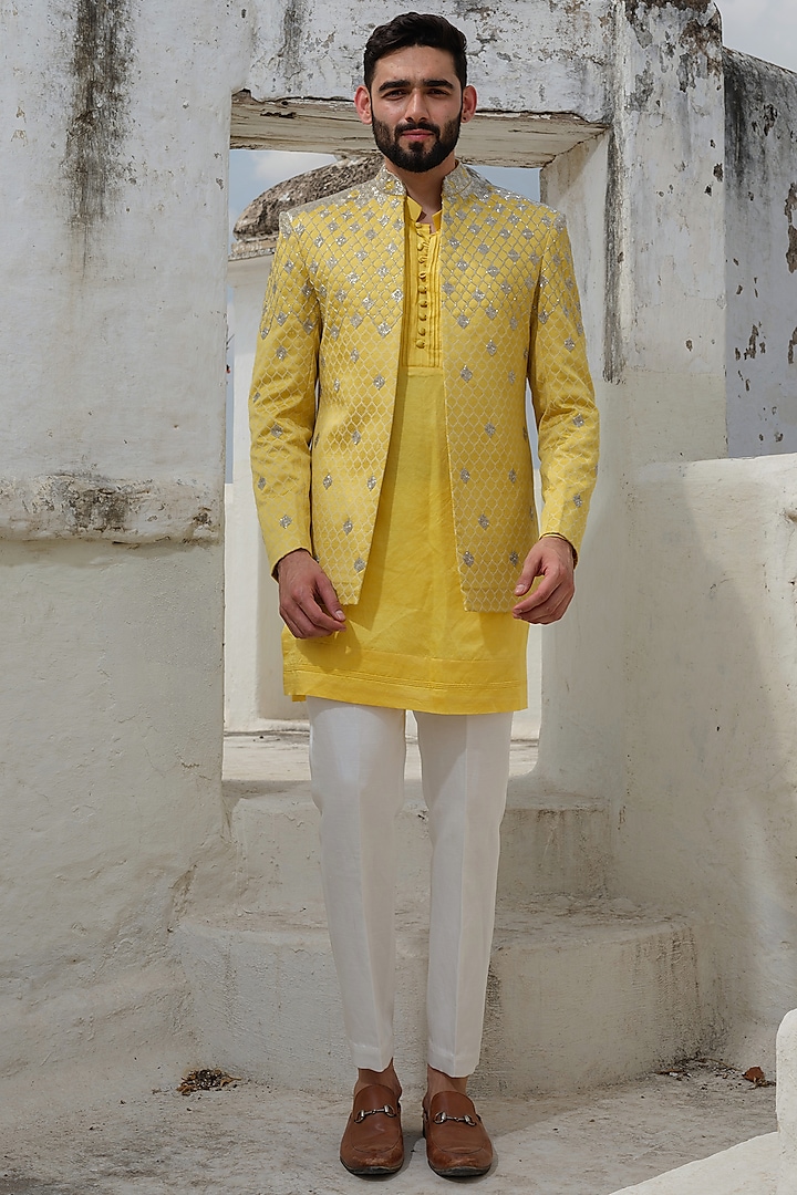 Yellow Jacquard Embroidered Indowestern Set by Anuj and Rishina