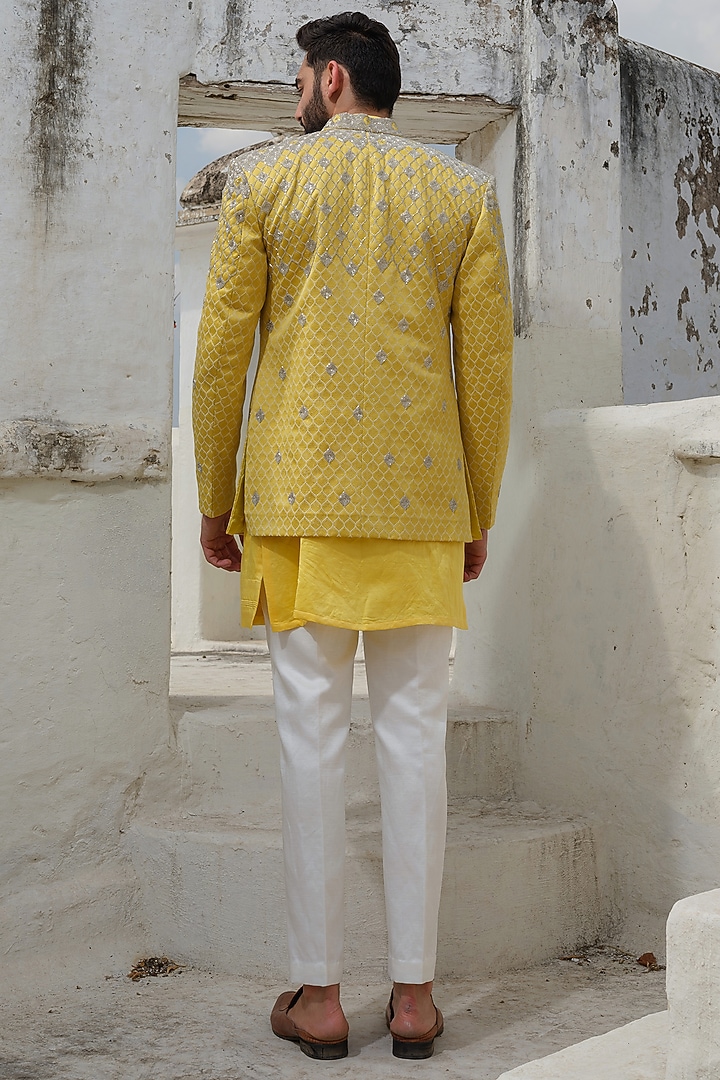 Yellow Jacquard Embroidered Wedding Indowestern Set by Anuj and Rishina at Pernia's Pop Up Shop