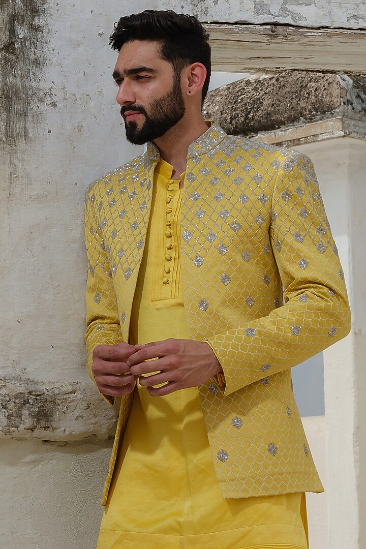Yellow Jacquard Embroidered Wedding Indowestern Set by Anuj and Rishina at Pernia's Pop Up Shop