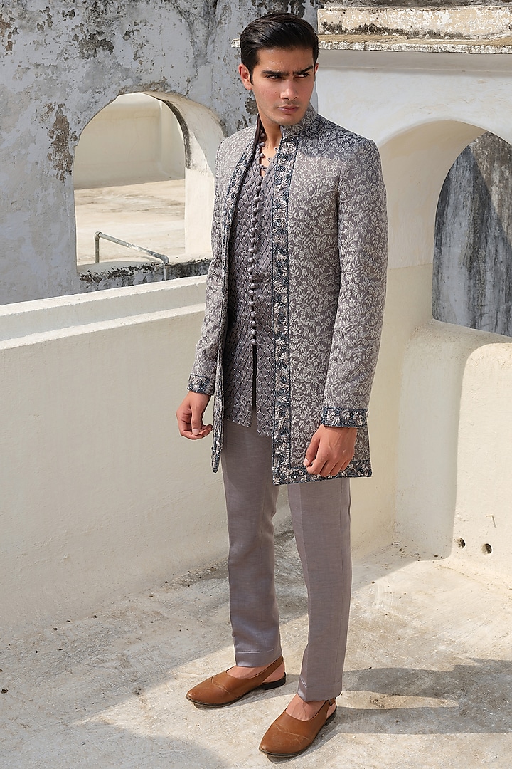 Grey Jacquard & Silk Embroidered Indowestern Jacket Set
 by Anuj and Rishina