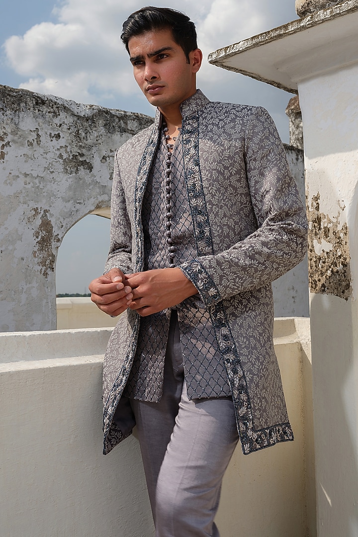 Grey Jacquard & Silk Embroidered Wedding Indowestern Jacket Set
 by Anuj and Rishina at Pernia's Pop Up Shop