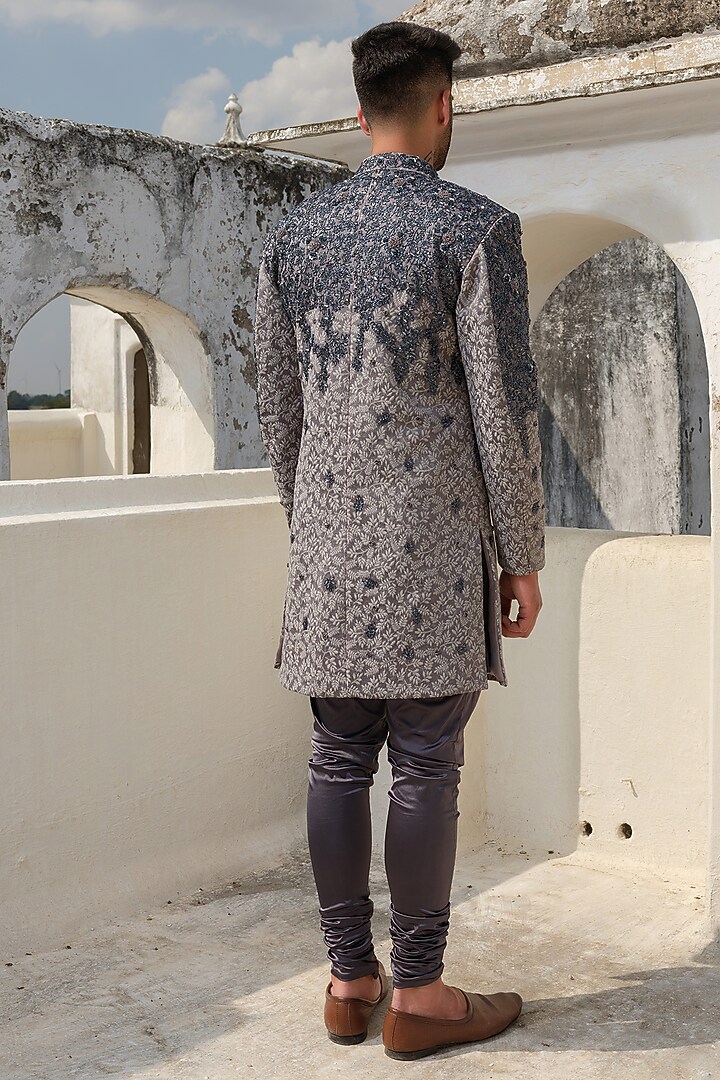Grey Jacquard & Silk Embroidered Wedding Sherwani Set by Anuj and Rishina at Pernia's Pop Up Shop