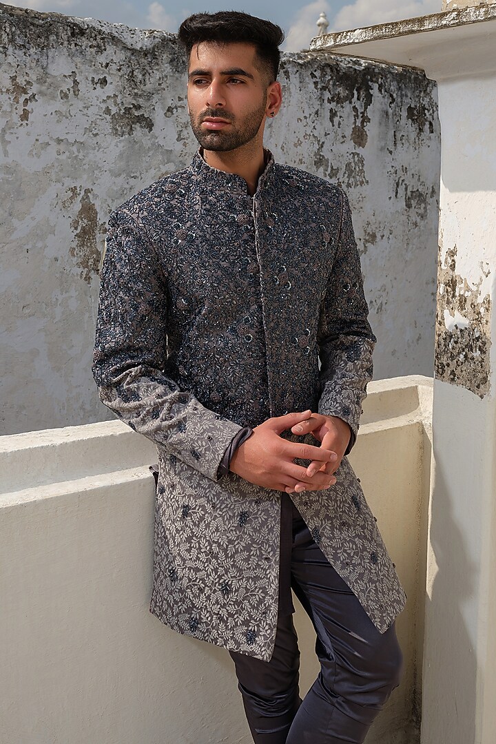 Grey Jacquard & Silk Embroidered Wedding Sherwani Set by Anuj and Rishina at Pernia's Pop Up Shop