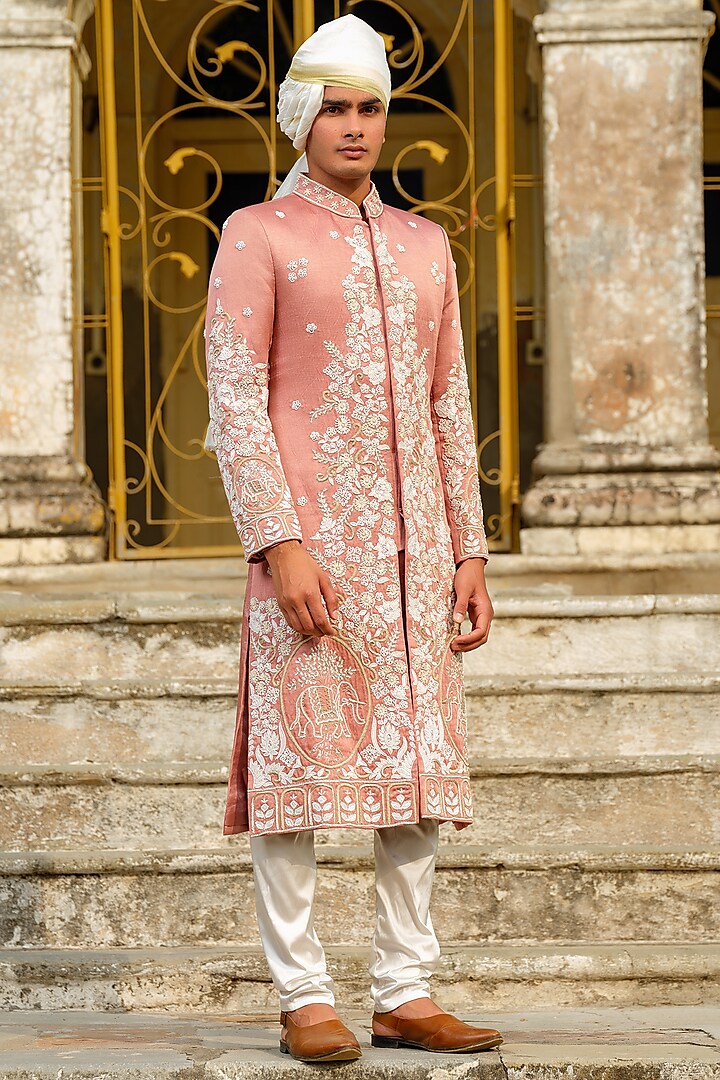 Peach Silk Embroidered Sherwani Set by Anuj and Rishina