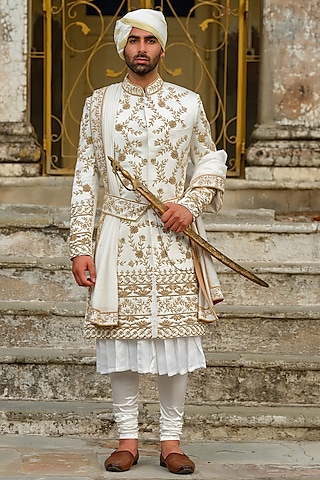 Ivory Linen Silk Embroidered Sherwani Set by Anuj and Rishina
