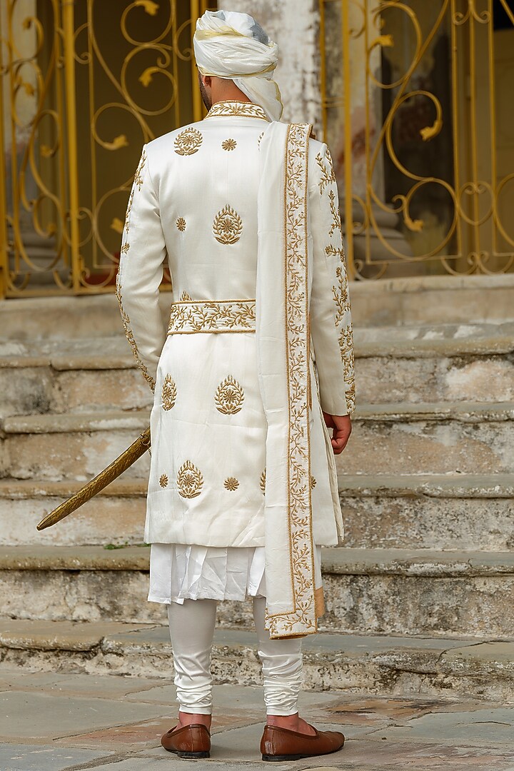 Ivory Linen Silk Embroidered Groom Sherwani Set by Anuj and Rishina at Pernia's Pop Up Shop