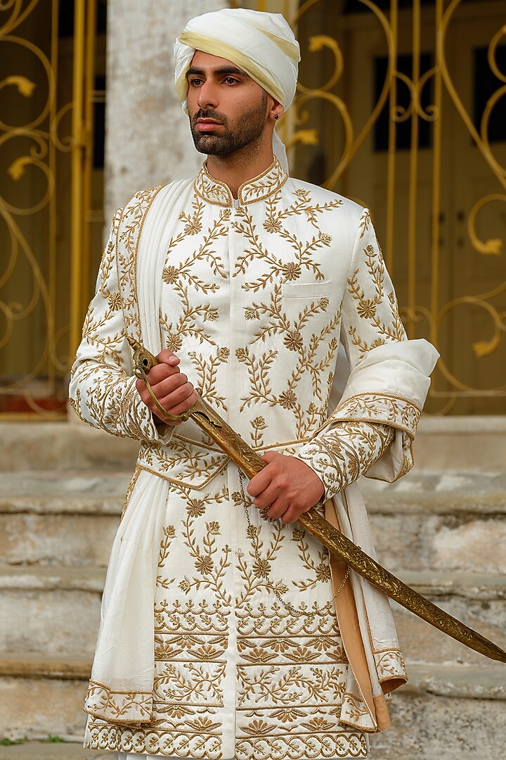 Ivory Linen Silk Embroidered Groom Sherwani Set by Anuj and Rishina at Pernia's Pop Up Shop