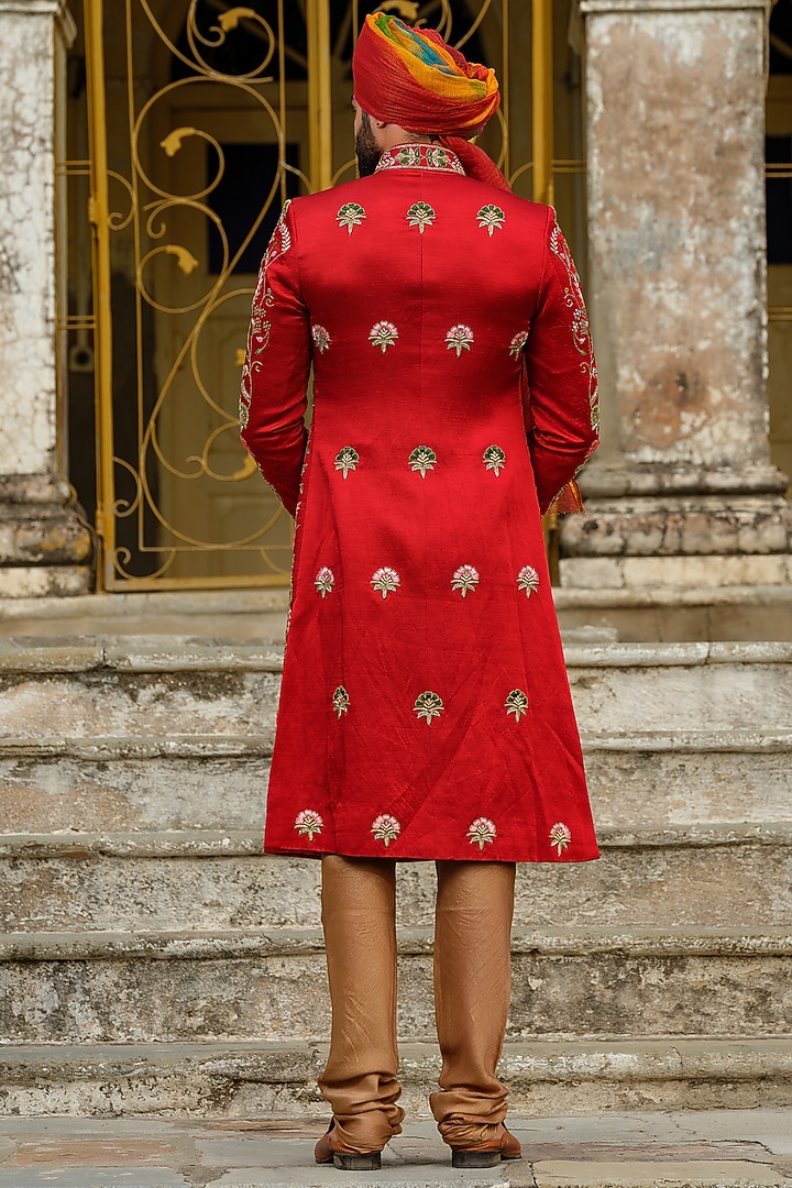 Red Linen Silk Embroidered Groom Sherwani Set by Anuj and Rishina at Pernia's Pop Up Shop