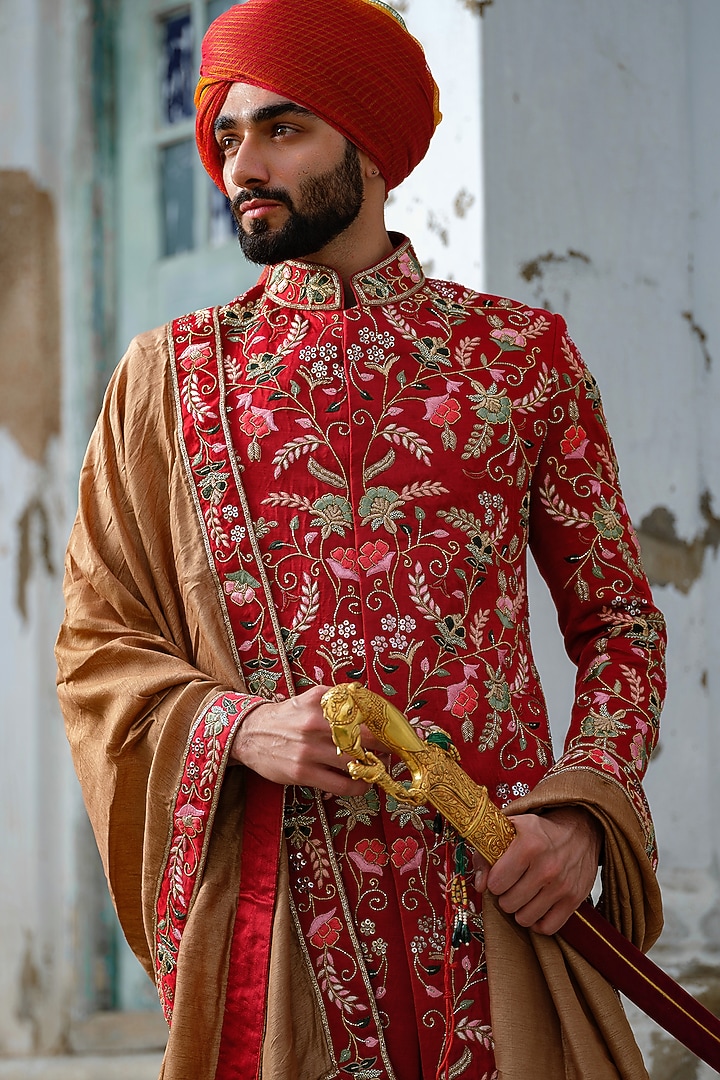 Red Linen Silk Embroidered Groom Sherwani Set by Anuj and Rishina at Pernia's Pop Up Shop