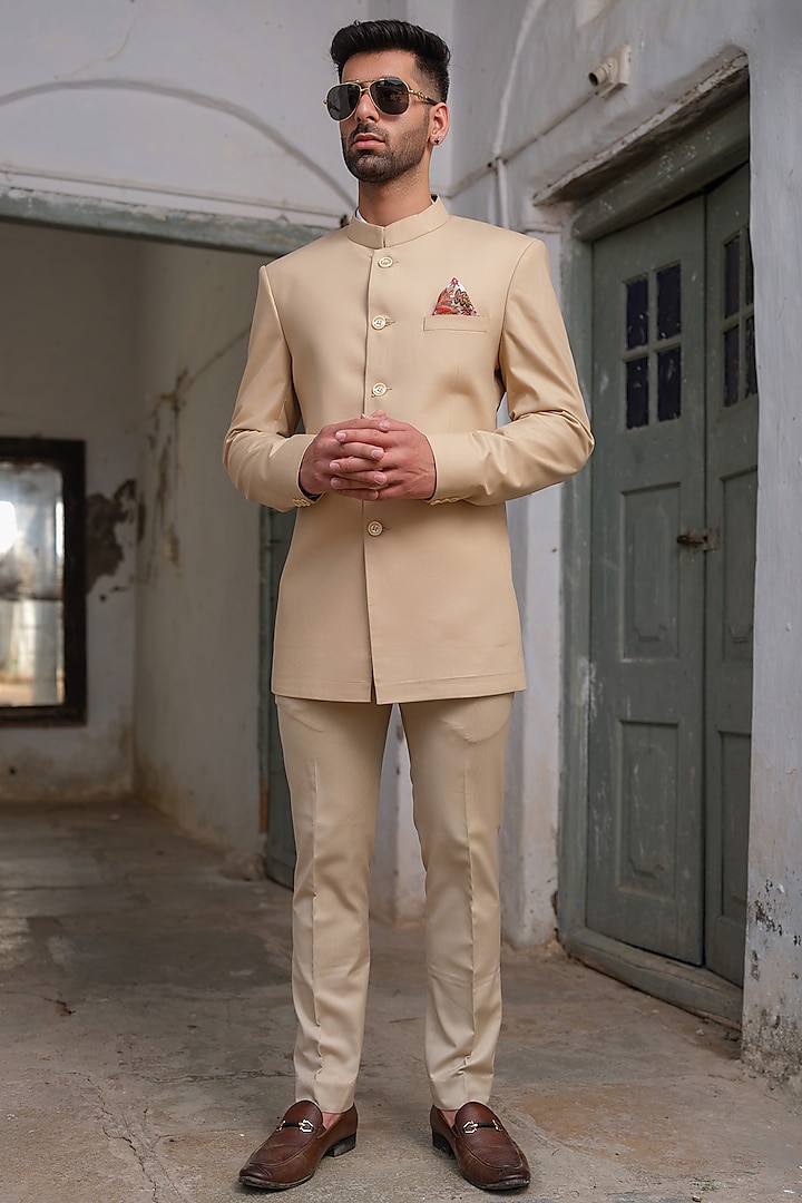 Beige Suiting Jodhpuri Jacket Set by Anuj and Rishina