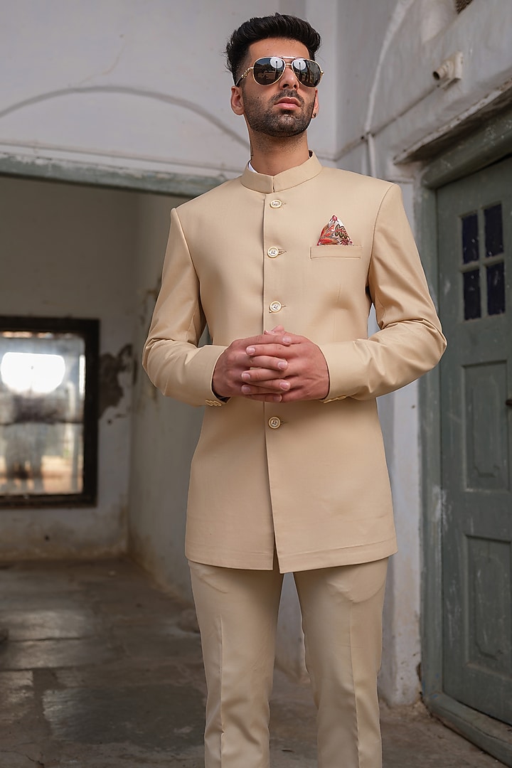 Beige Suiting Jodhpuri Jacket Set by Anuj and Rishina at Pernia's Pop Up Shop