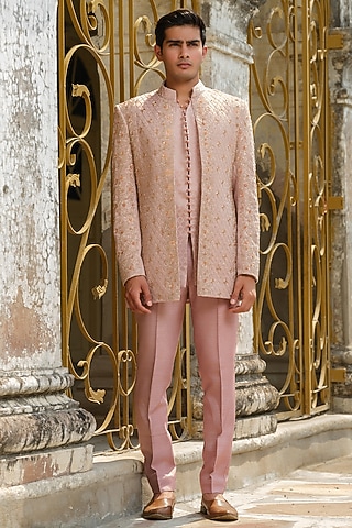 Peach Jacquard Embroidered Indowestern Jacket Set by Anuj and Rishina